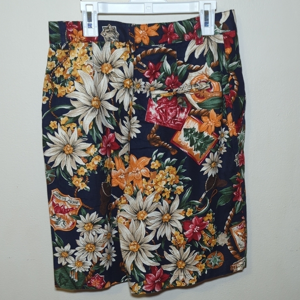 Ruff Hewn Navy Floral Linen-Blend Bermuda Shorts Pleated Vintage Women Size 8 - Picture 3 of 4